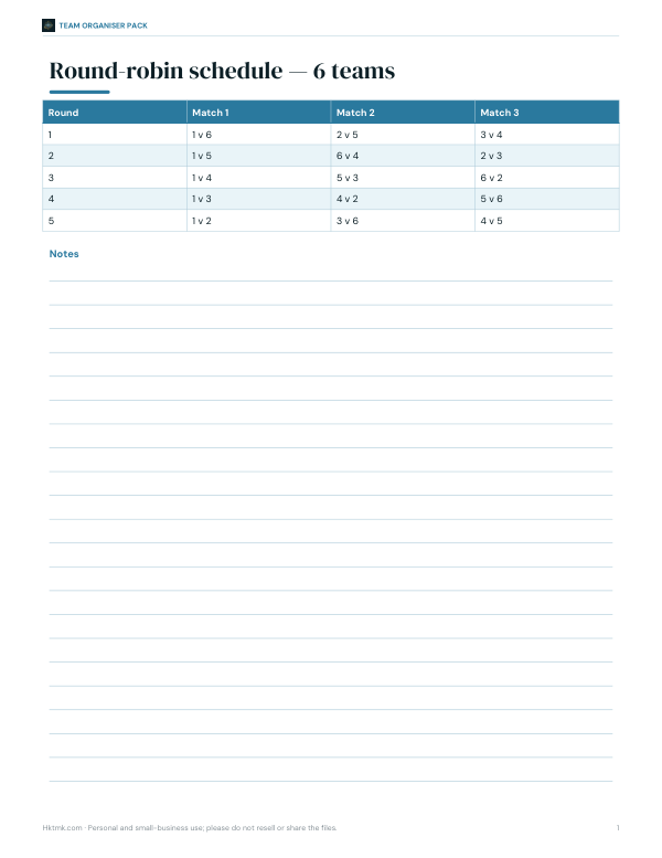 Preview of Printable 6 Team Round Robin Schedule