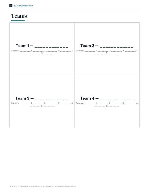 Preview of Printable Team Sheets PDF